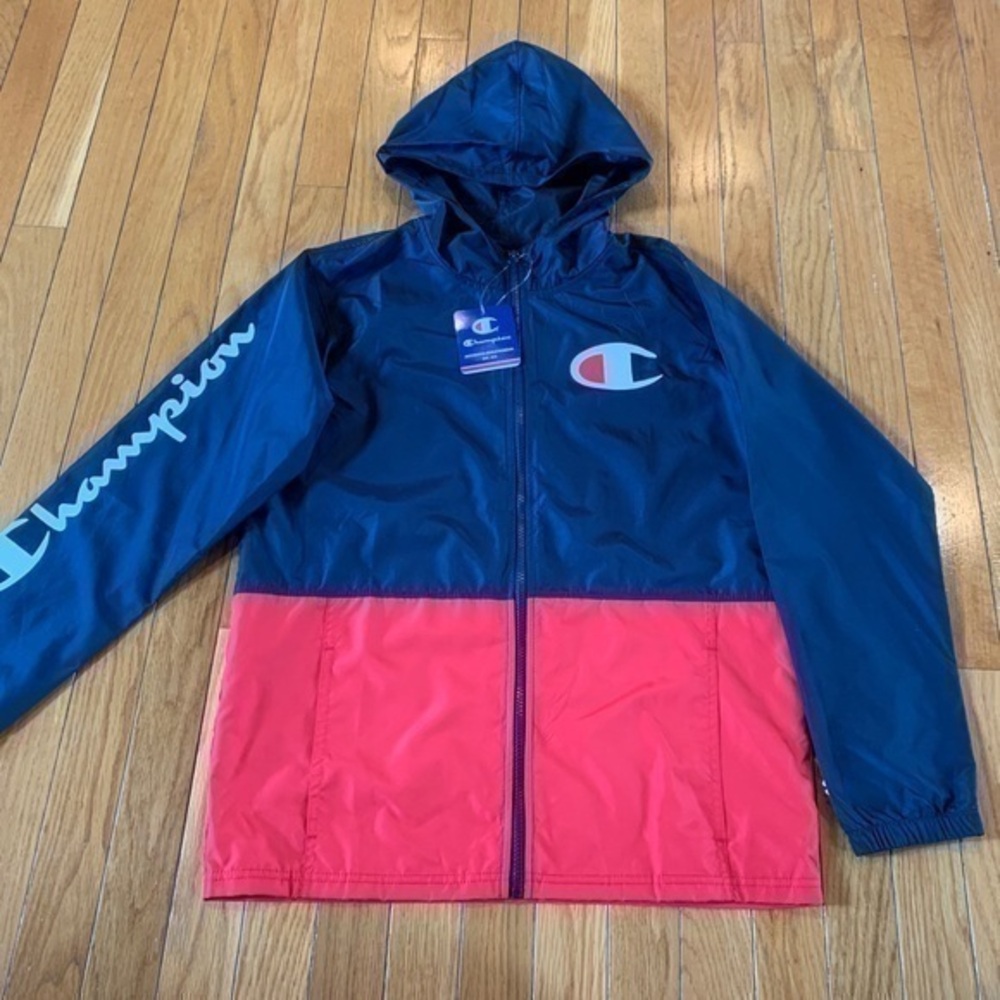 New NWT Champion Light Jacket Logo Hooded Full Zip Large Navy Blue, white Red